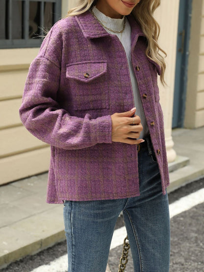 Lapel Plaid Long Sleeves Loose Fit Jacket