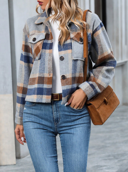 Lapel Long Sleeves Plaid Cropped Jacket