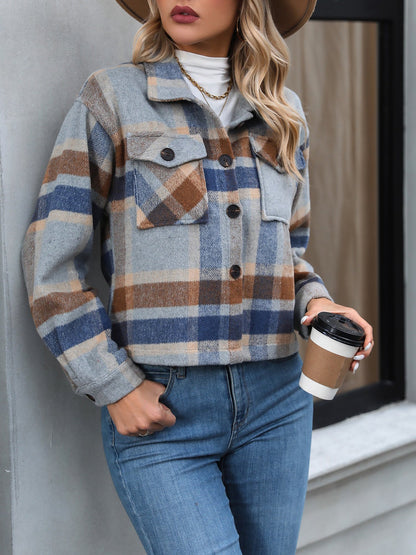 Lapel Long Sleeves Plaid Cropped Jacket