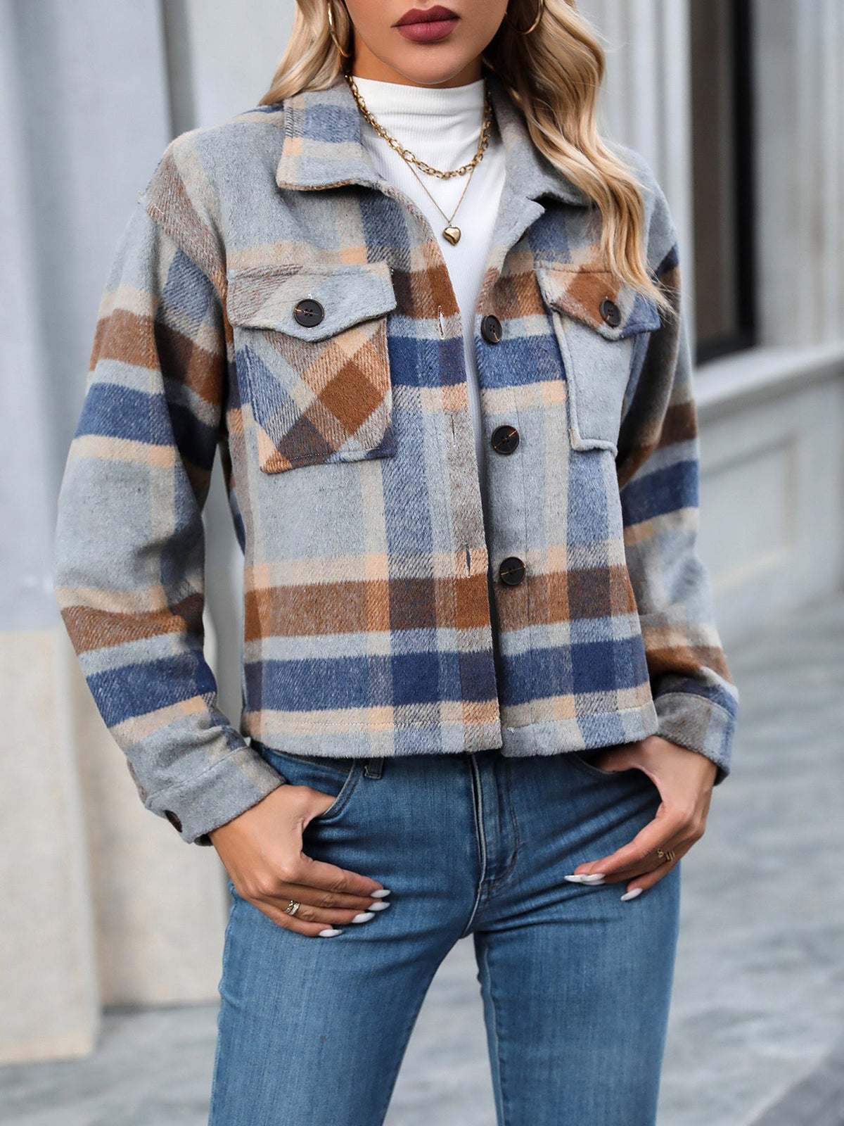 Lapel Long Sleeves Plaid Cropped Jacket