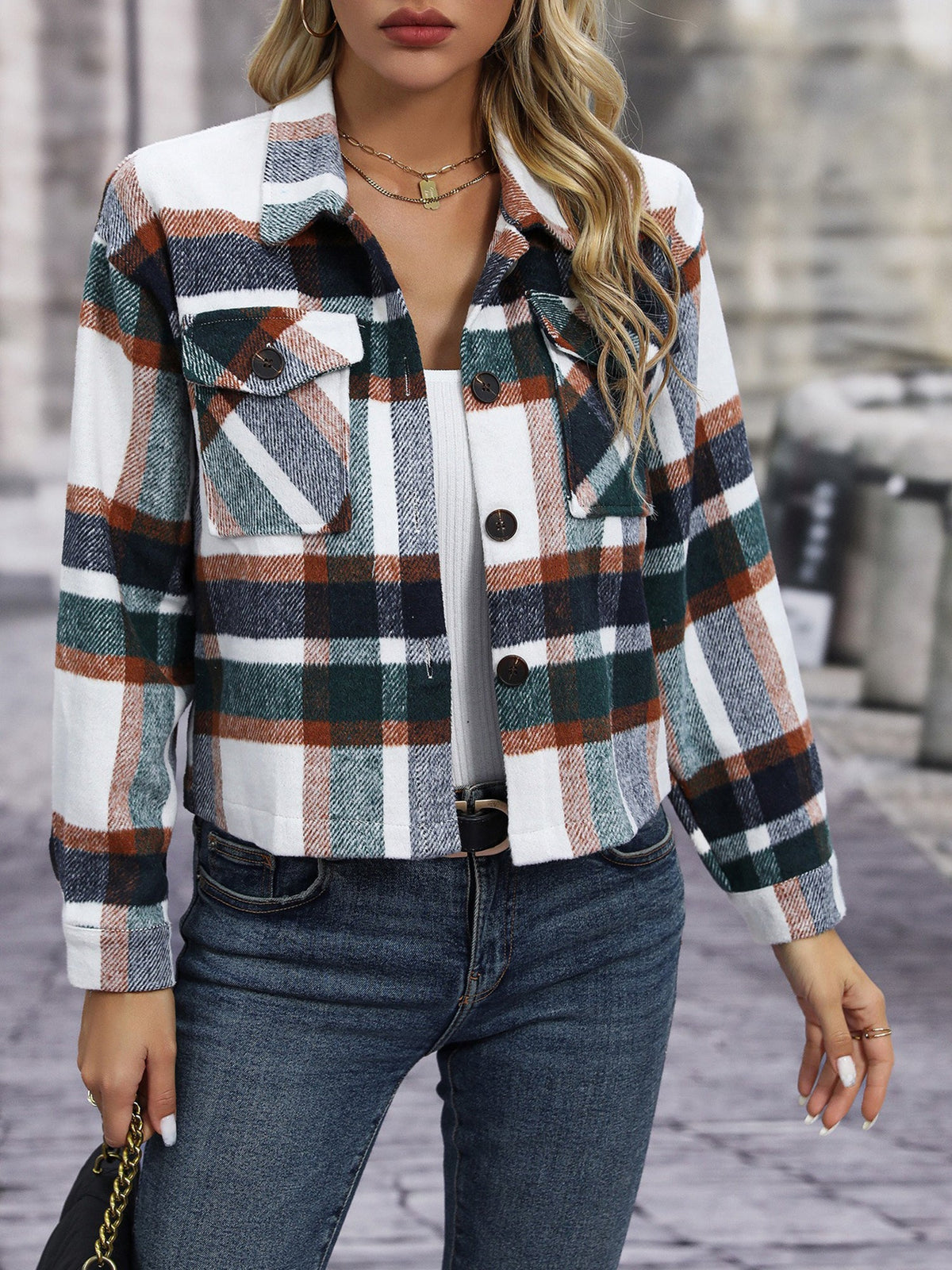 Lapel Long Sleeves Plaid Cropped Jacket
