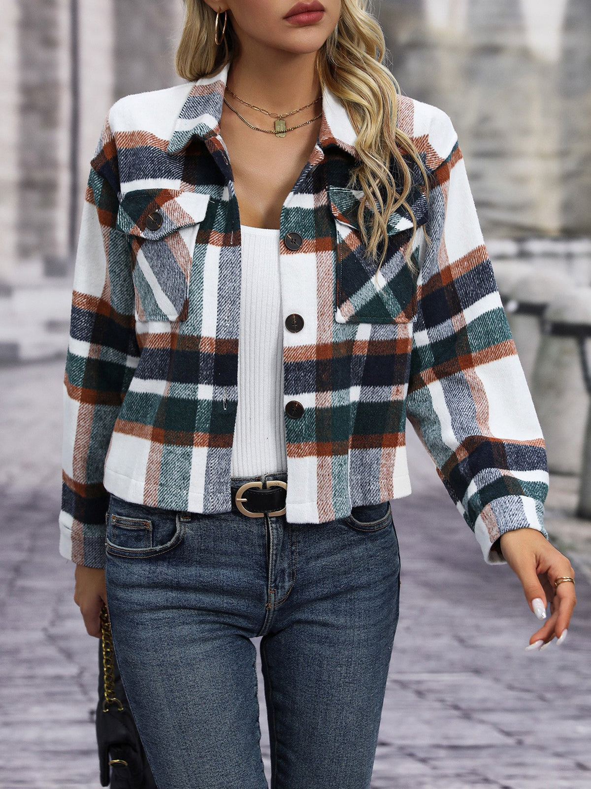 Lapel Long Sleeves Plaid Cropped Jacket