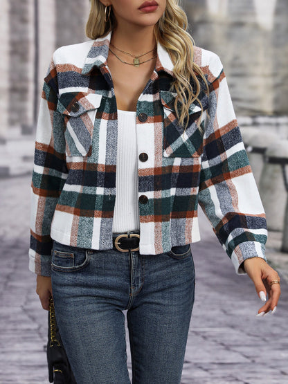 Lapel Long Sleeves Plaid Cropped Jacket