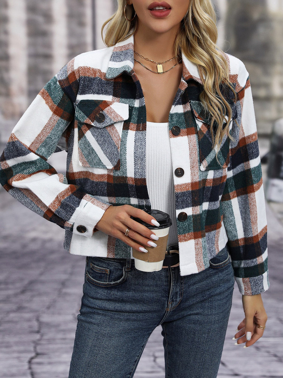 Lapel Long Sleeves Plaid Cropped Jacket