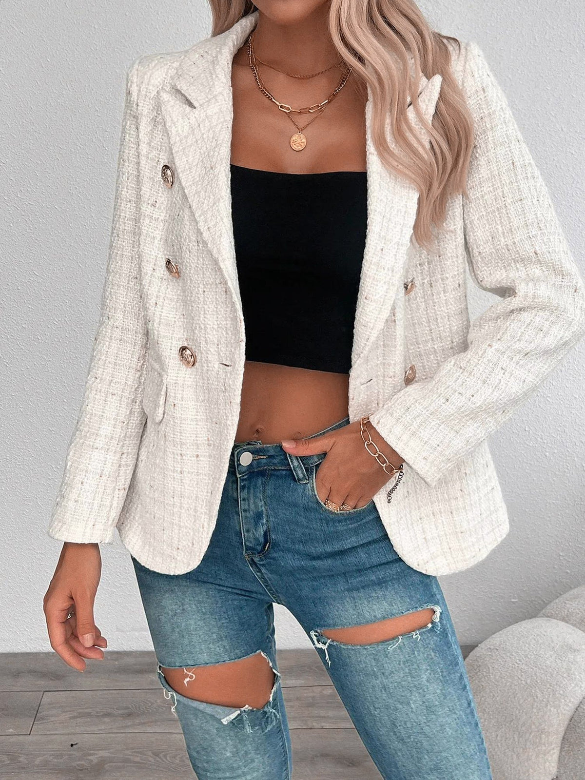 Tweed Notched Lapel Long Sleeves Plaid Blazer
