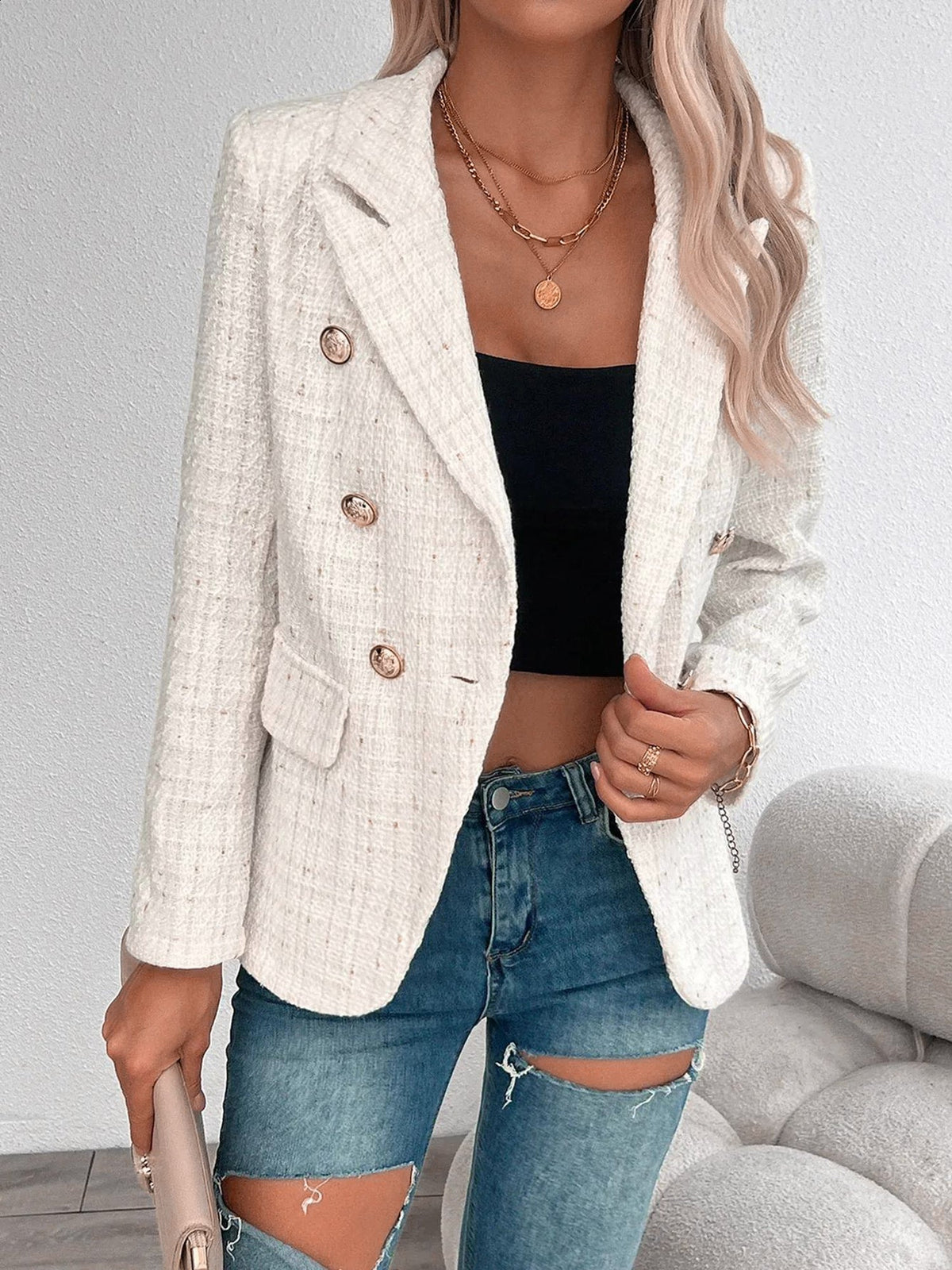 Tweed Notched Lapel Long Sleeves Plaid Blazer