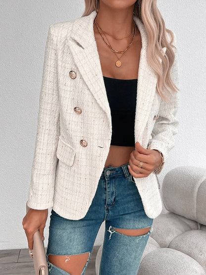 Tweed Notched Lapel Long Sleeves Plaid Blazer