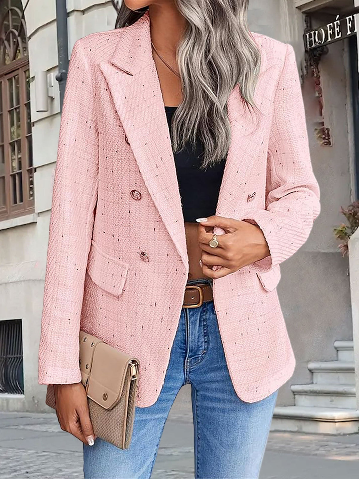 Tweed Notched Lapel Long Sleeves Plaid Blazer