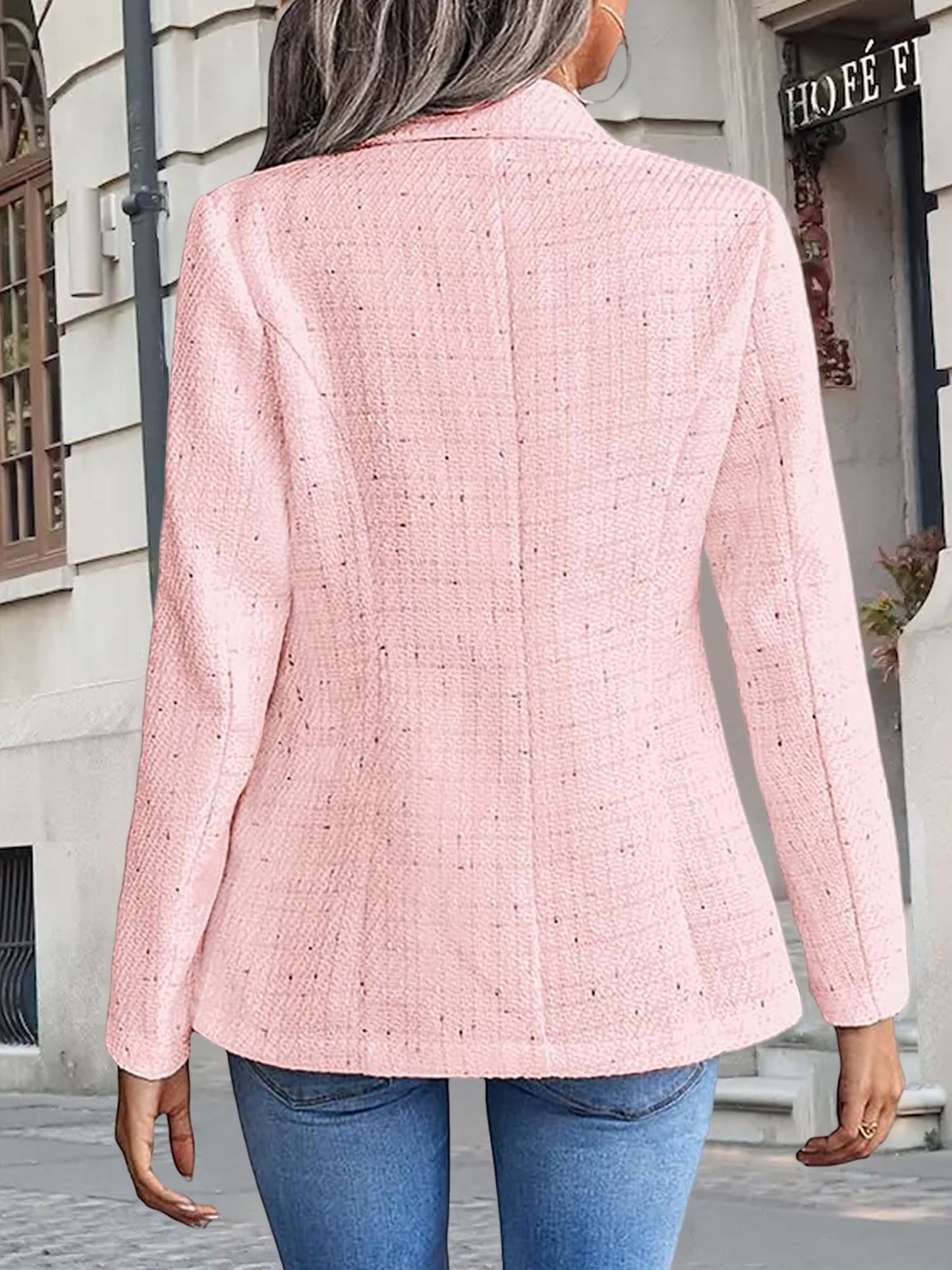 Tweed Notched Lapel Long Sleeves Plaid Blazer