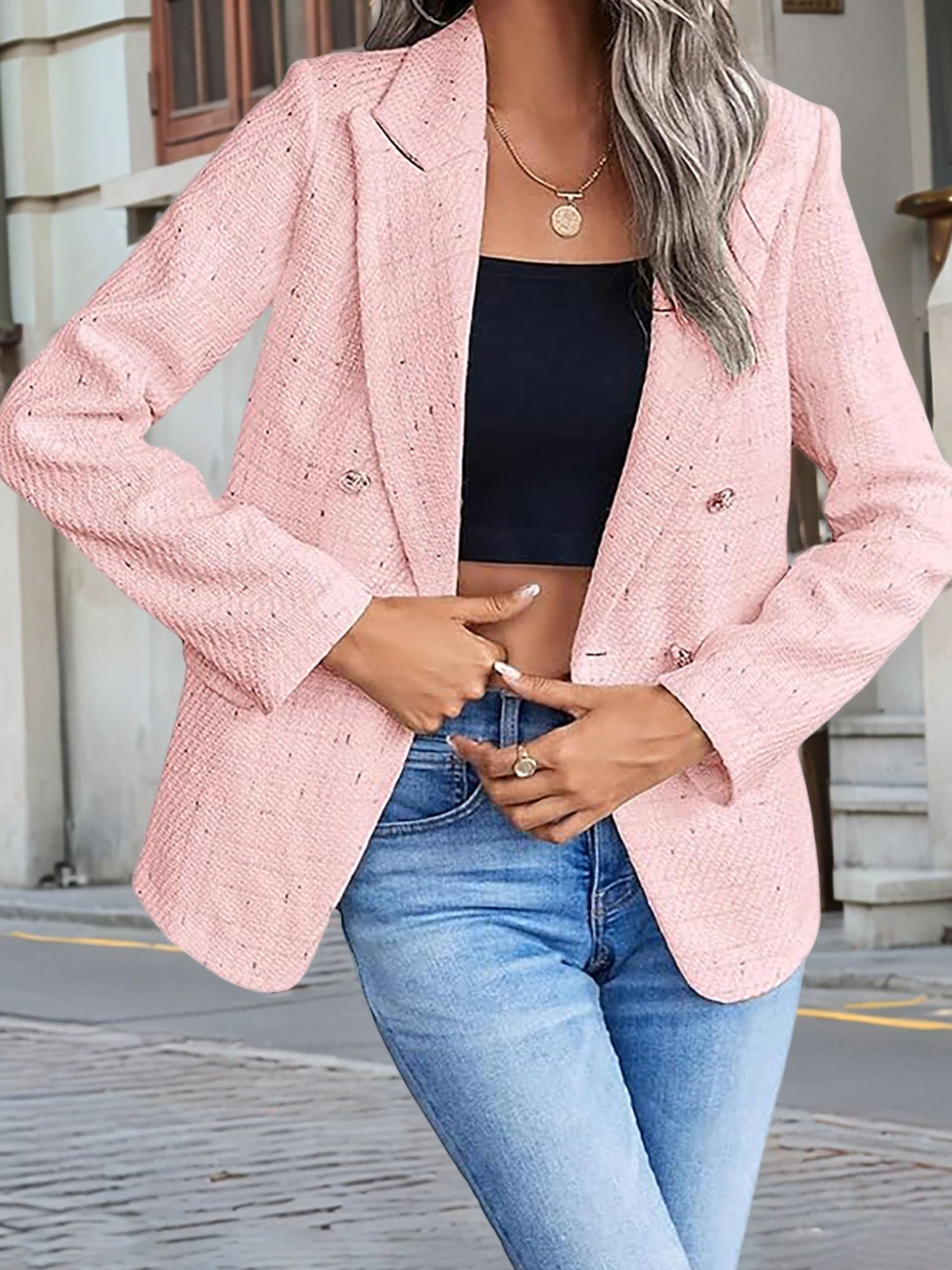 Tweed Notched Lapel Long Sleeves Plaid Blazer
