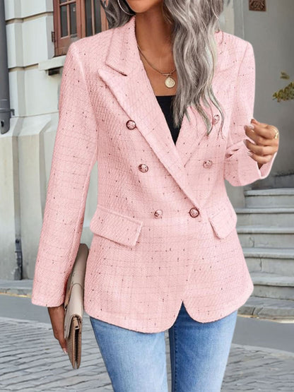 Tweed Notched Lapel Long Sleeves Plaid Blazer