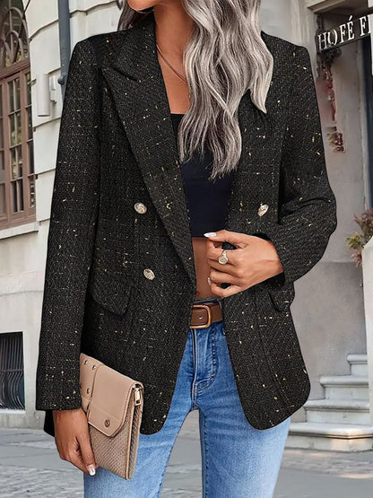 Tweed Notched Lapel Long Sleeves Plaid Blazer