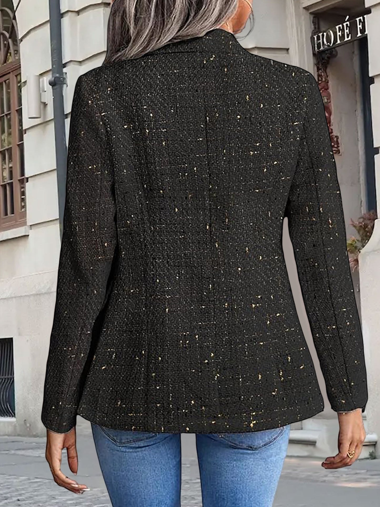 Tweed Notched Lapel Long Sleeves Plaid Blazer