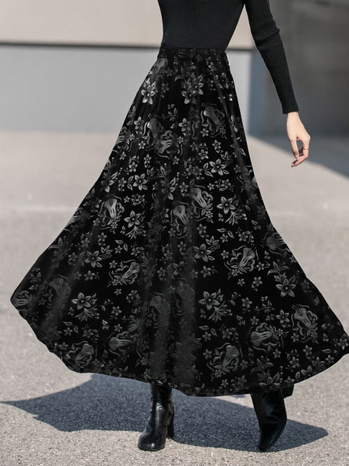Velvet Floral Textured Elastic Waist Maxi A-Line Skirt