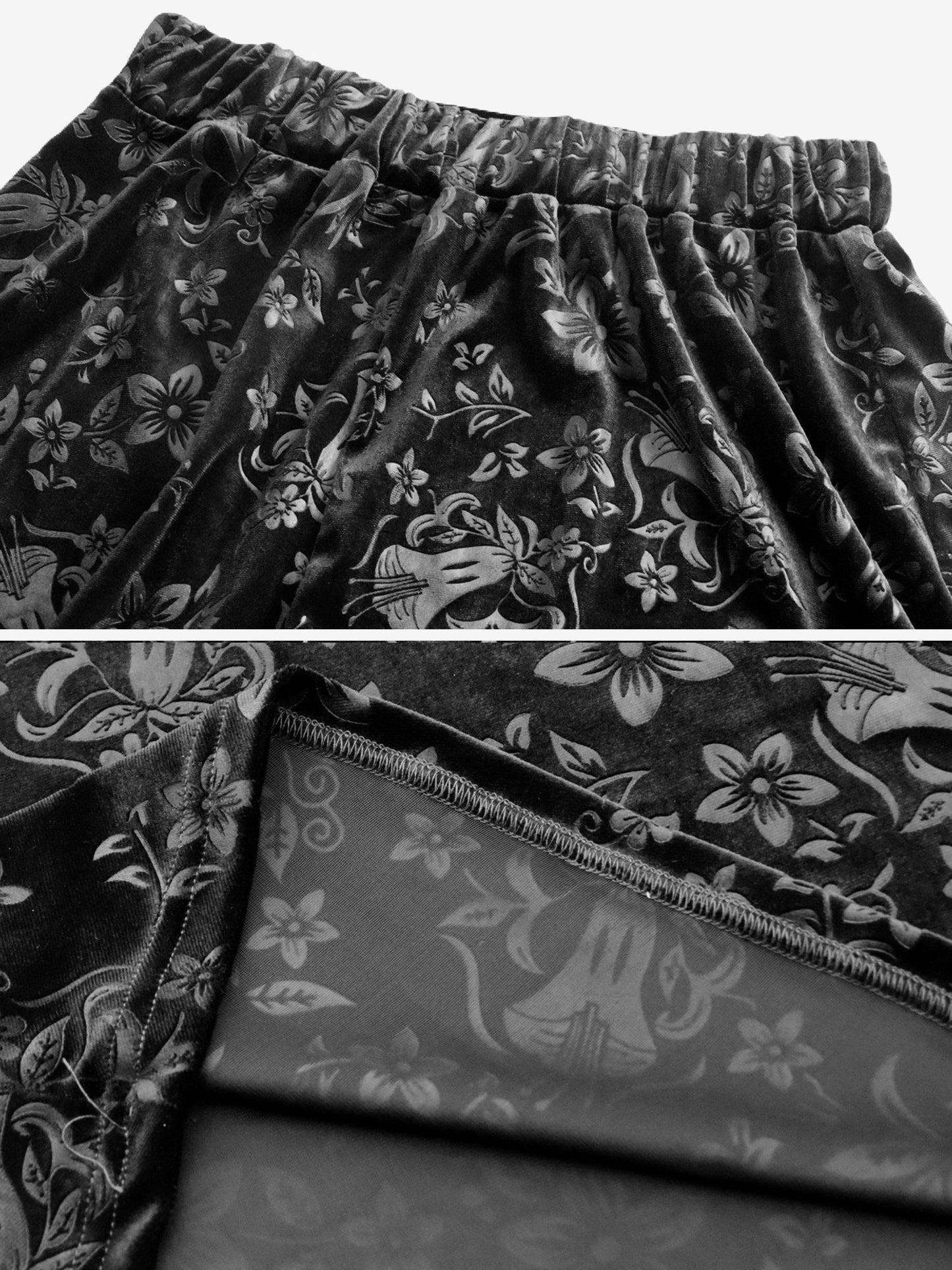 Velvet Floral Textured Elastic Waist Maxi A-Line Skirt