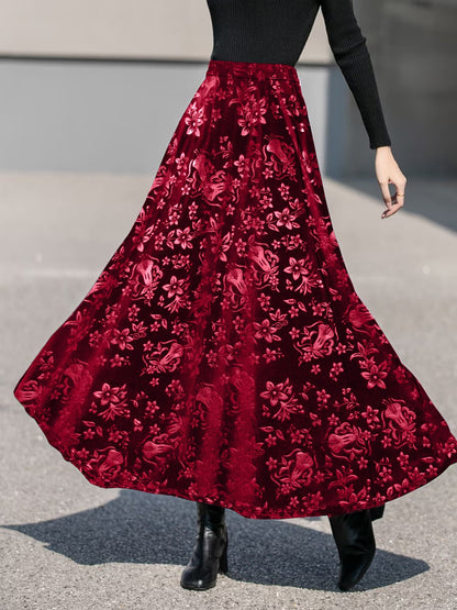 Velvet Floral Textured Elastic Waist Maxi A-Line Skirt