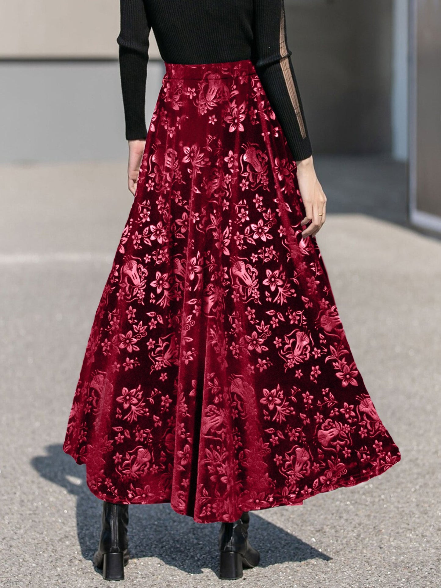 Velvet Floral Textured Elastic Waist Maxi A-Line Skirt