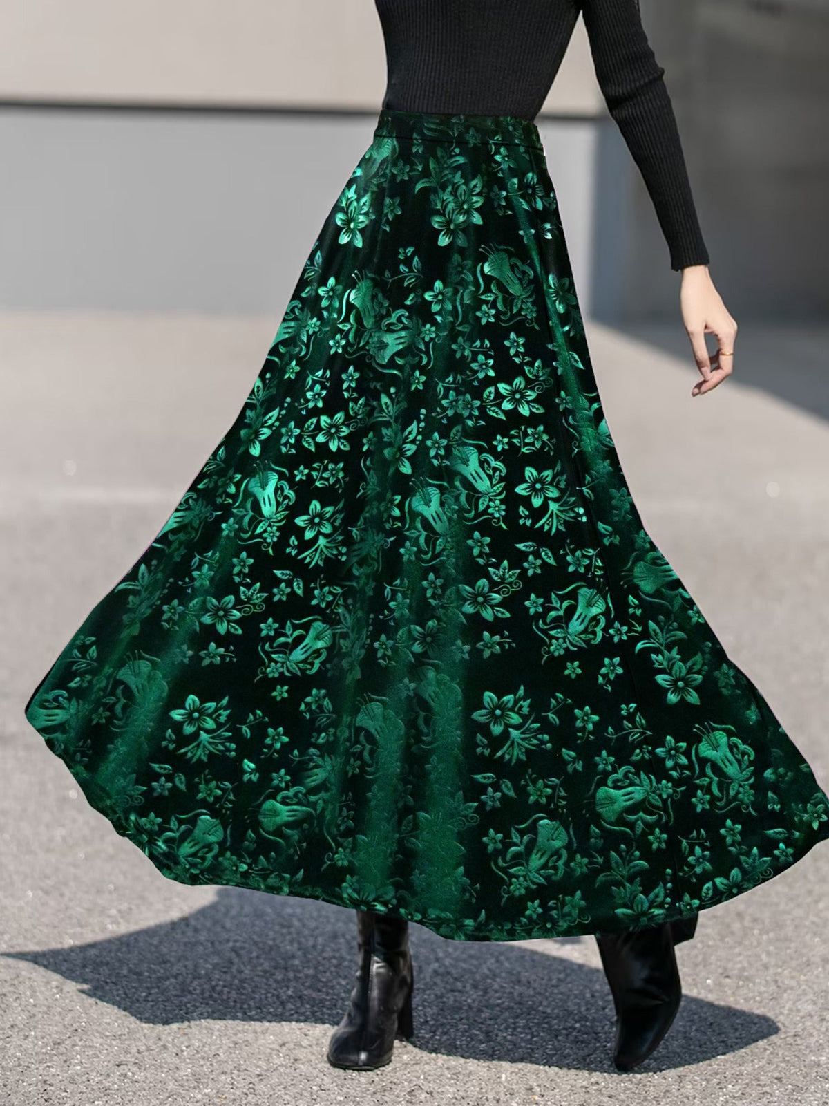 Velvet Floral Textured Elastic Waist Maxi A-Line Skirt