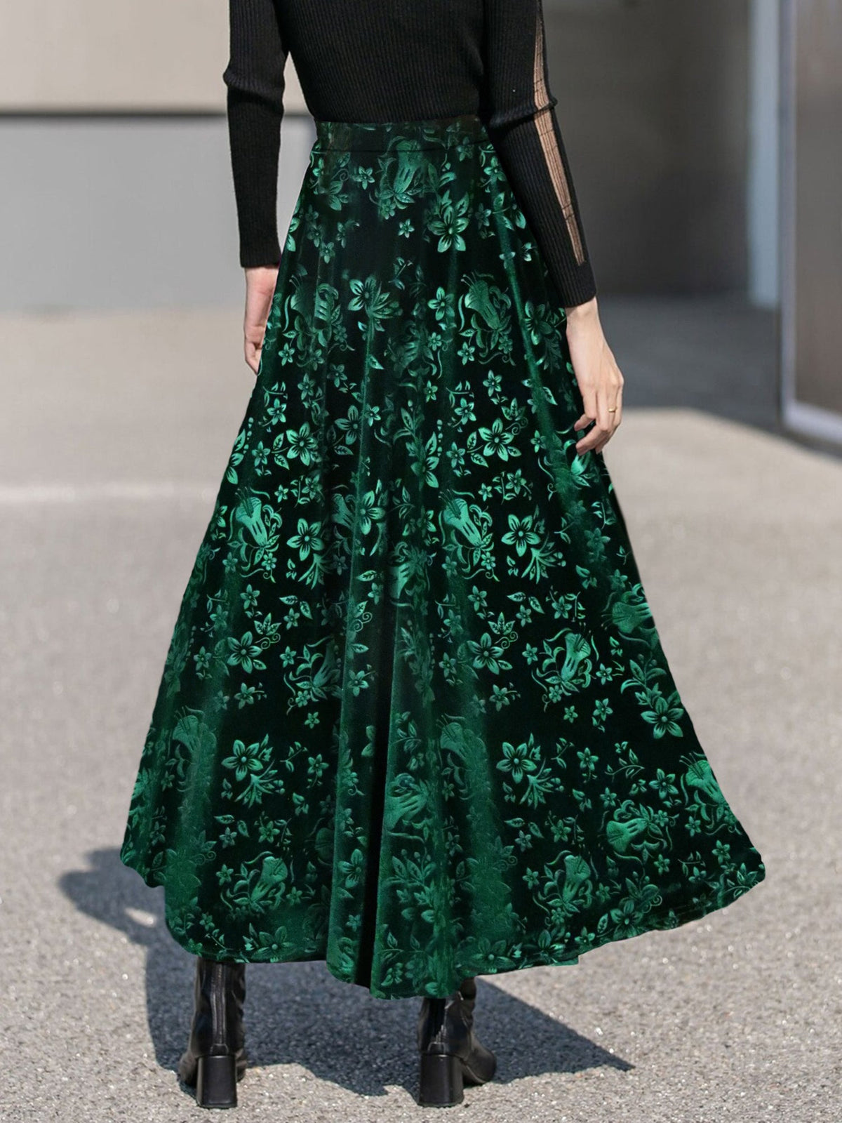 Velvet Floral Textured Elastic Waist Maxi A-Line Skirt