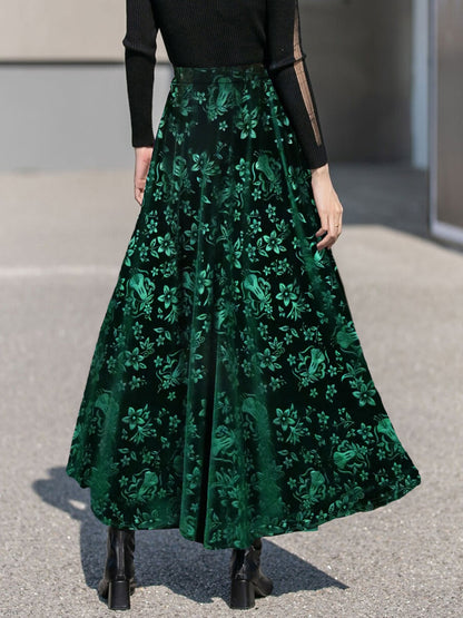 Velvet Floral Textured Elastic Waist Maxi A-Line Skirt