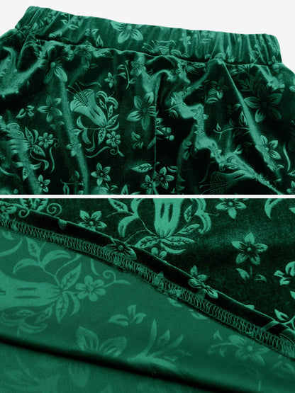 Velvet Floral Textured Elastic Waist Maxi A-Line Skirt
