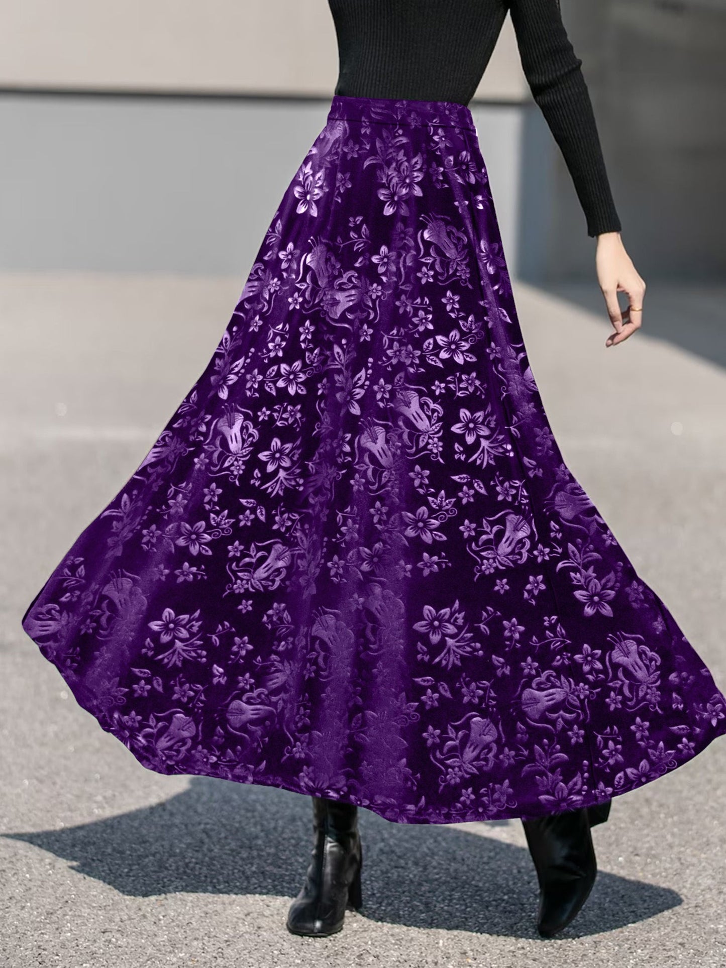 Velvet Floral Textured Elastic Waist Maxi A-Line Skirt