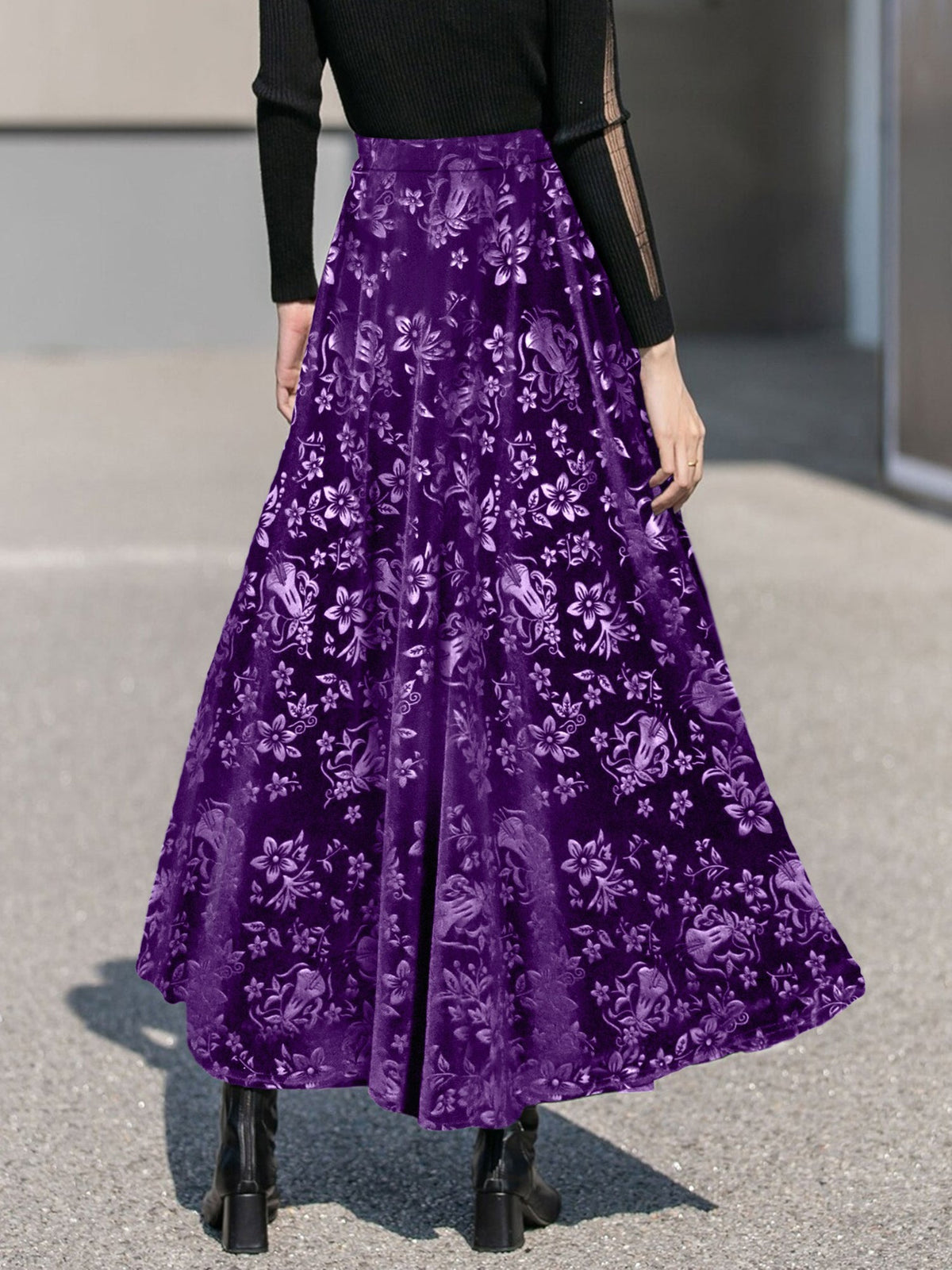 Velvet Floral Textured Elastic Waist Maxi A-Line Skirt