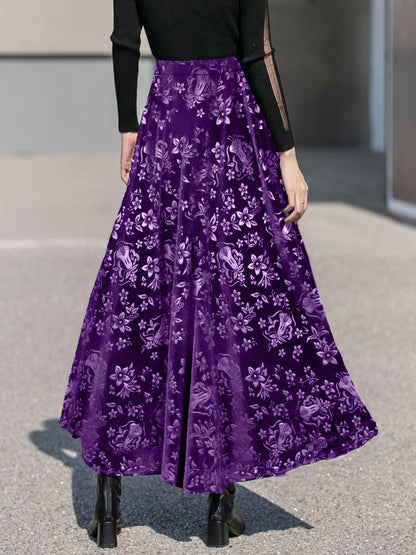 Velvet Floral Textured Elastic Waist Maxi A-Line Skirt