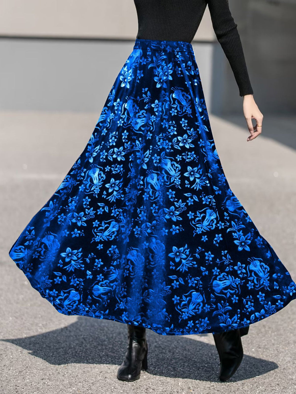 Velvet Floral Textured Elastic Waist Maxi A-Line Skirt