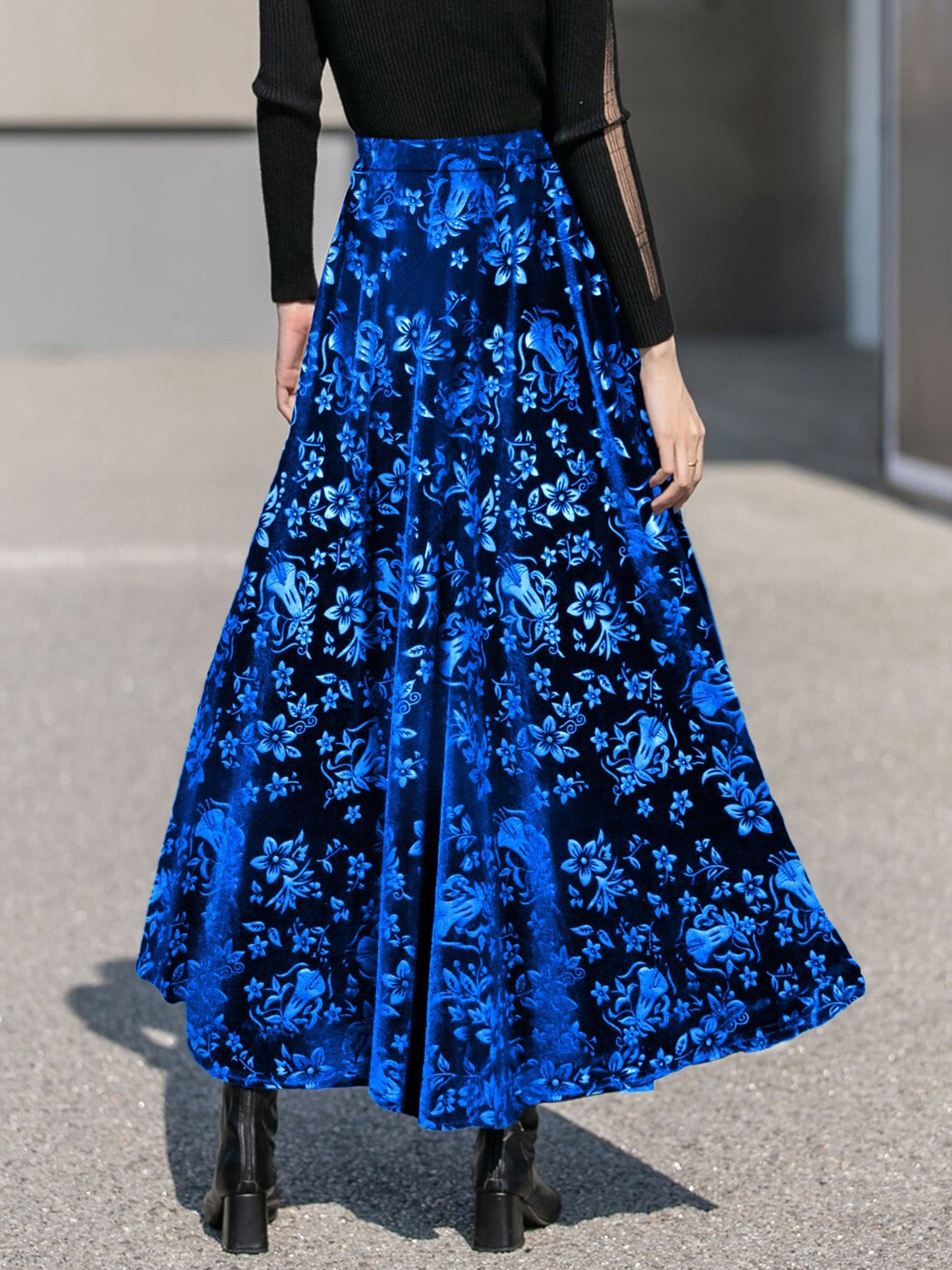Velvet Floral Textured Elastic Waist Maxi A-Line Skirt