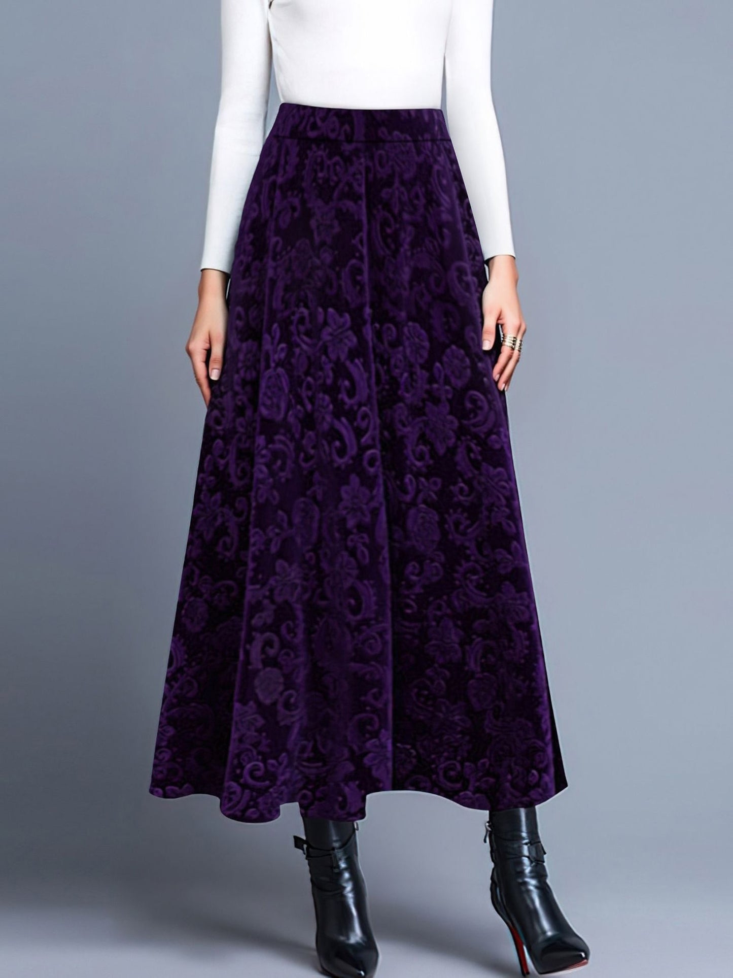 Velvet Textured Maxi A-Line Elastic Waist Skirt
