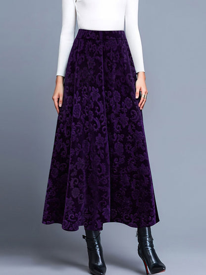 Velvet Textured Maxi A-Line Elastic Waist Skirt