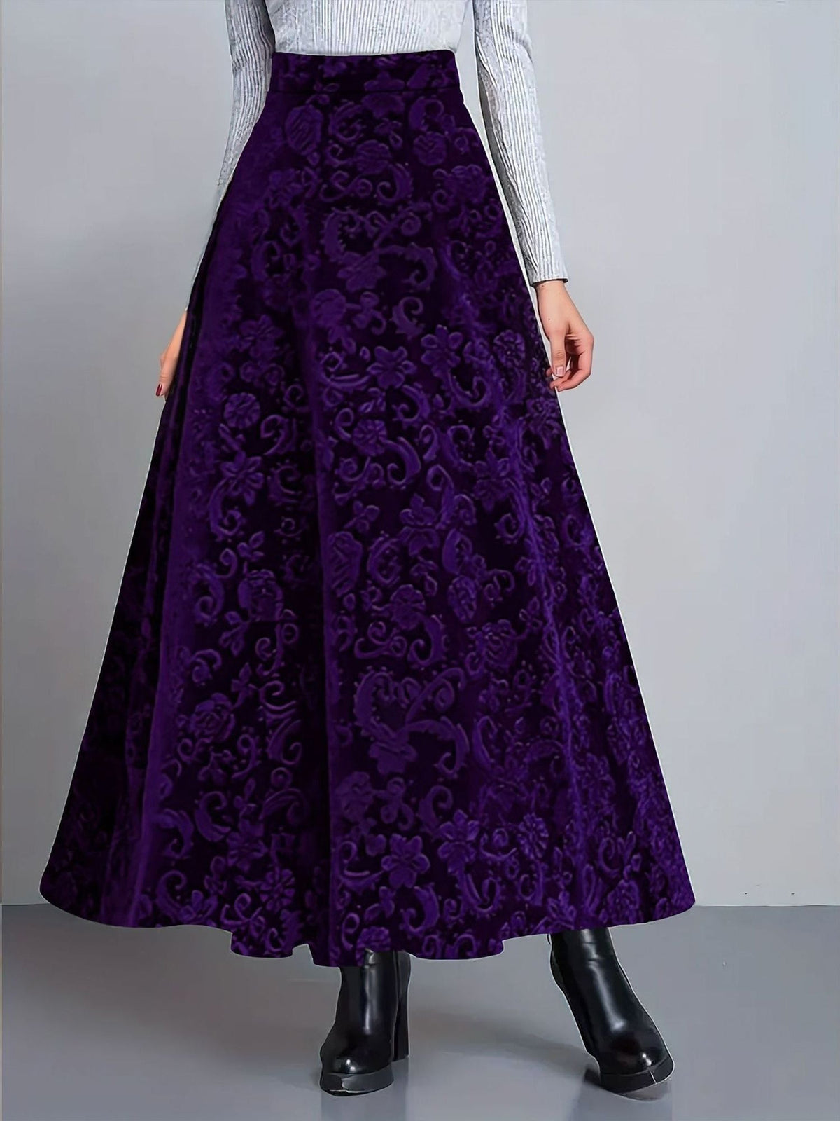 Velvet Textured Maxi A-Line Elastic Waist Skirt