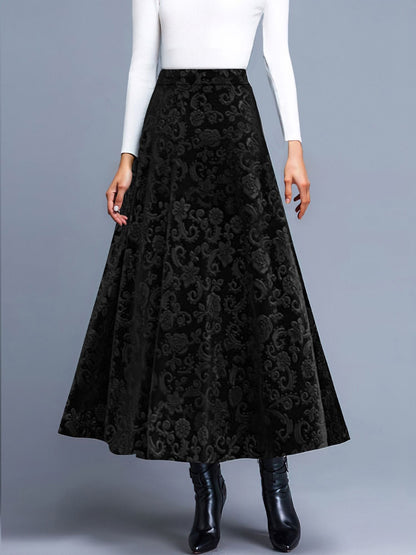 Velvet Textured Maxi A-Line Elastic Waist Skirt