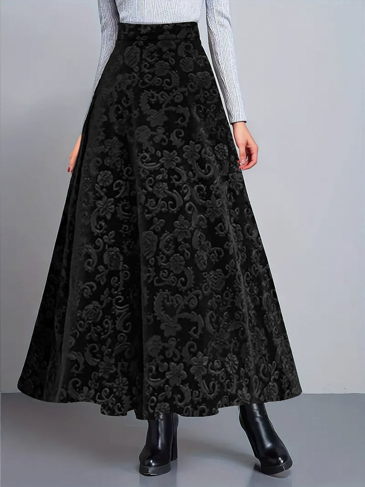 Velvet Textured Maxi A-Line Elastic Waist Skirt