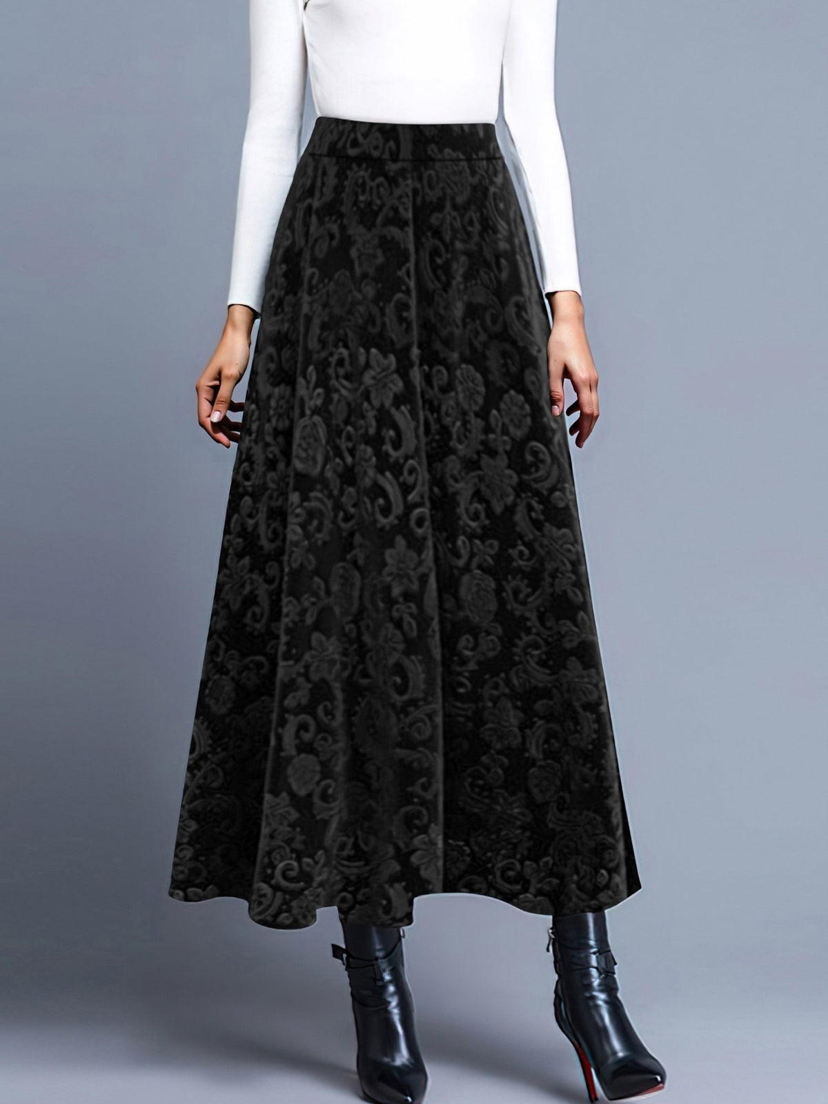 Velvet Textured Maxi A-Line Elastic Waist Skirt