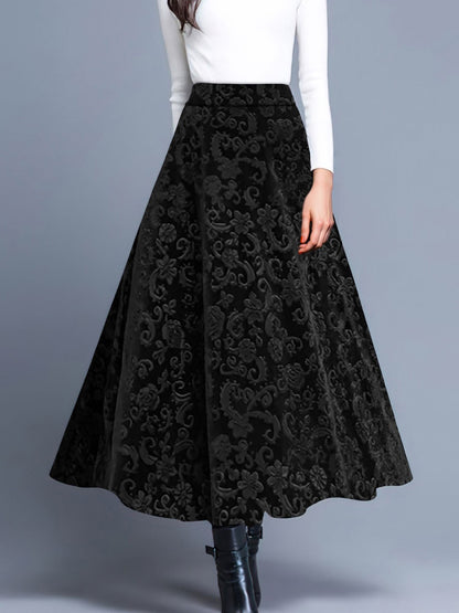 Velvet Textured Maxi A-Line Elastic Waist Skirt