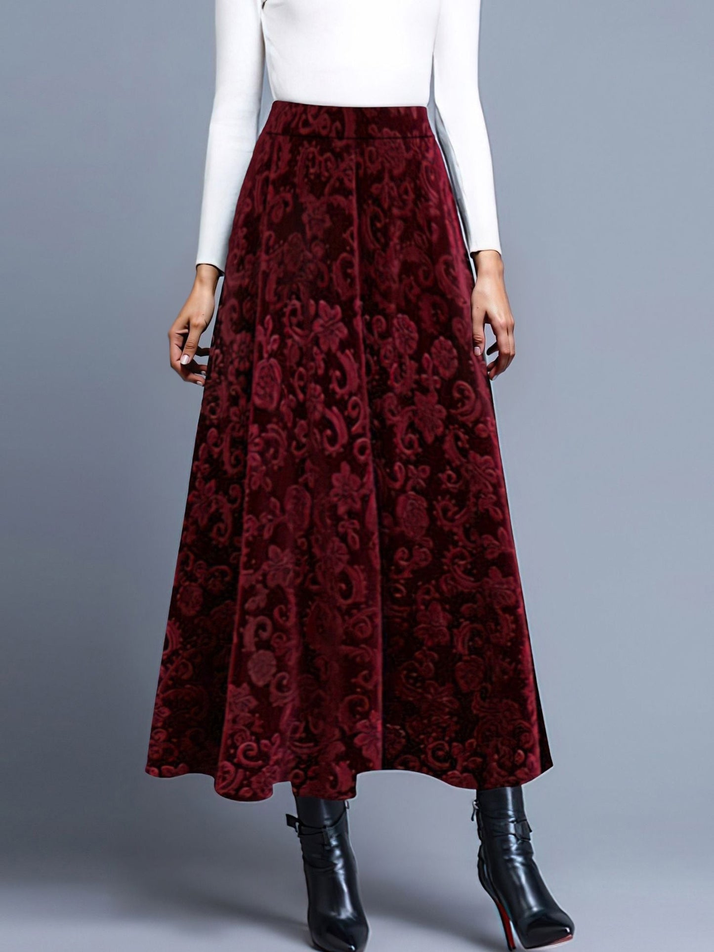 Velvet Textured Maxi A-Line Elastic Waist Skirt