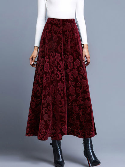Velvet Textured Maxi A-Line Elastic Waist Skirt