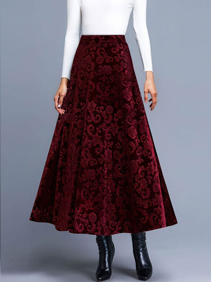 Velvet Textured Maxi A-Line Elastic Waist Skirt