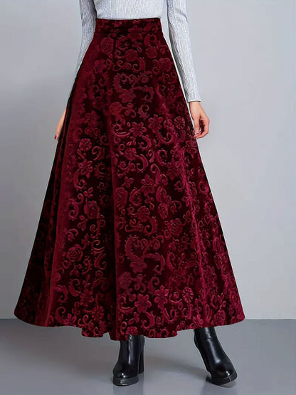 Velvet Textured Maxi A-Line Elastic Waist Skirt