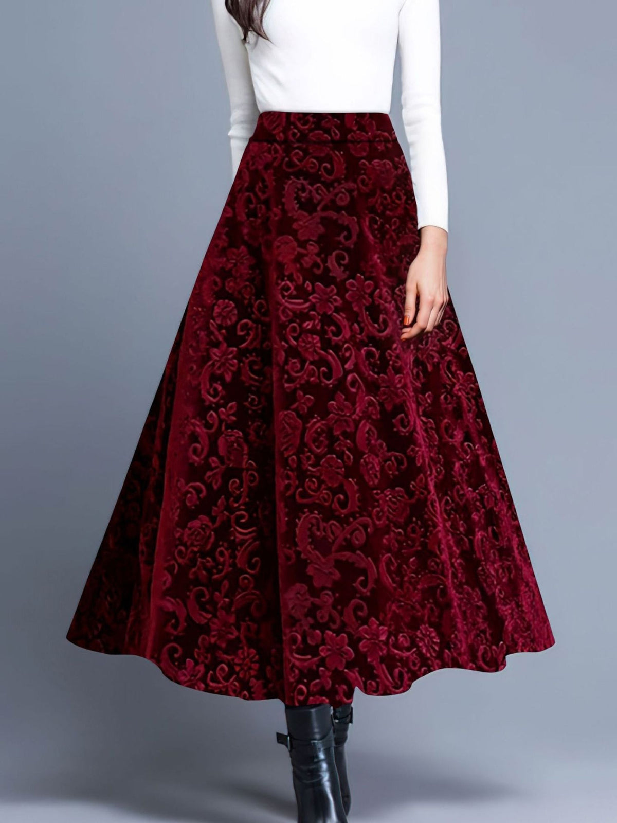 Velvet Textured Maxi A-Line Elastic Waist Skirt