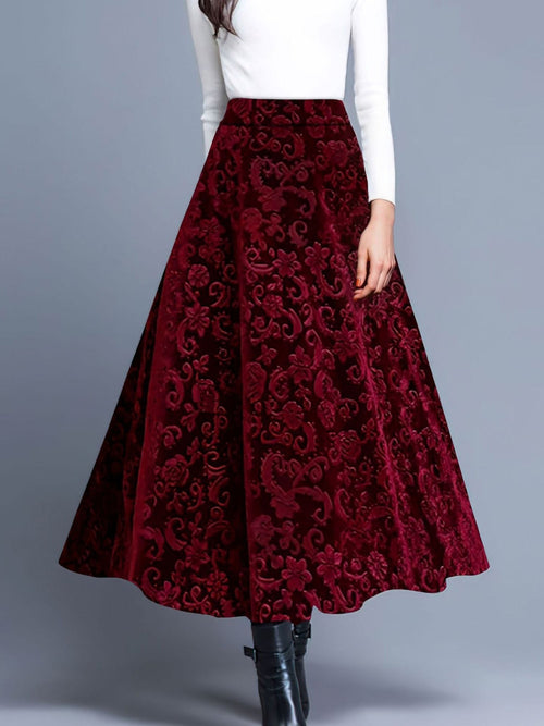 Velvet Textured Maxi A-Line Elastic Waist Skirt