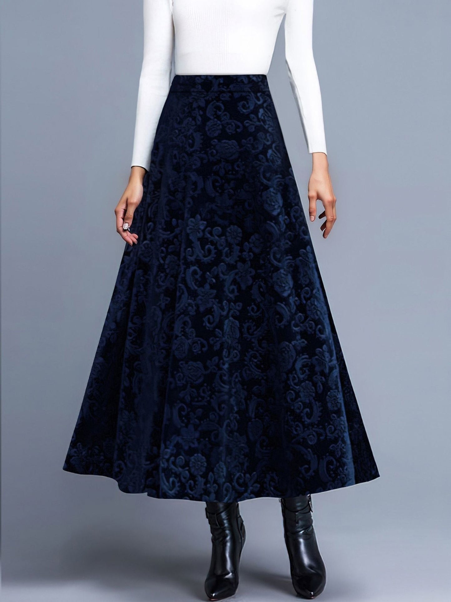 Velvet Textured Maxi A-Line Elastic Waist Skirt