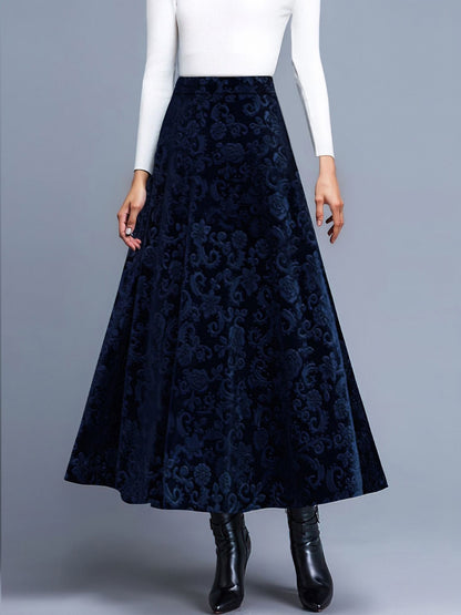 Velvet Textured Maxi A-Line Elastic Waist Skirt