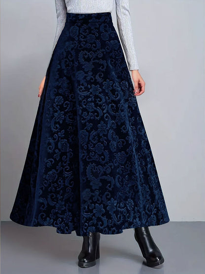 Velvet Textured Maxi A-Line Elastic Waist Skirt