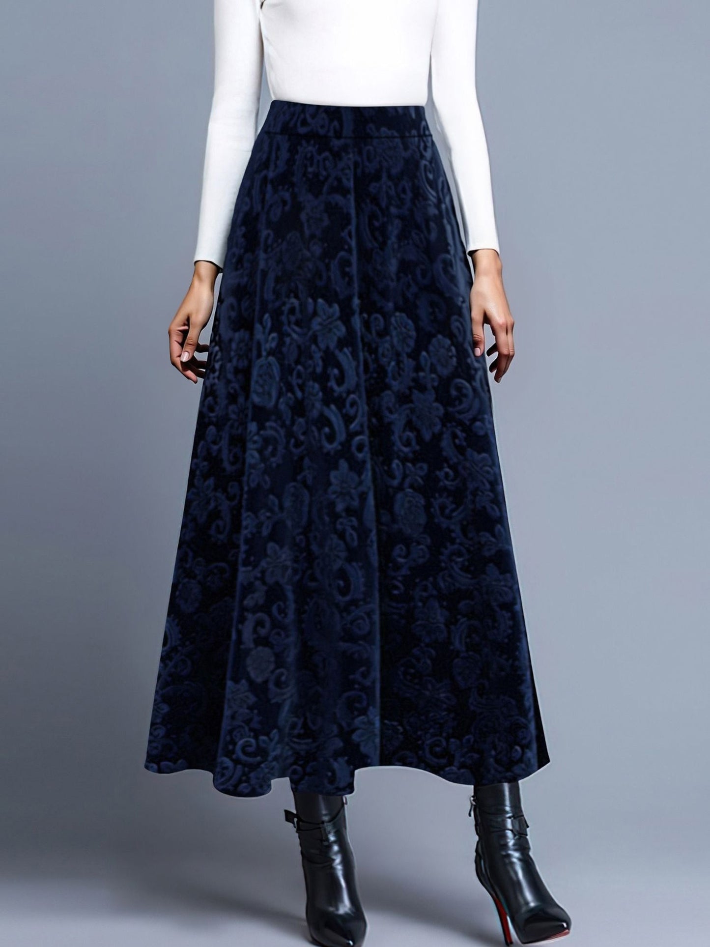 Velvet Textured Maxi A-Line Elastic Waist Skirt