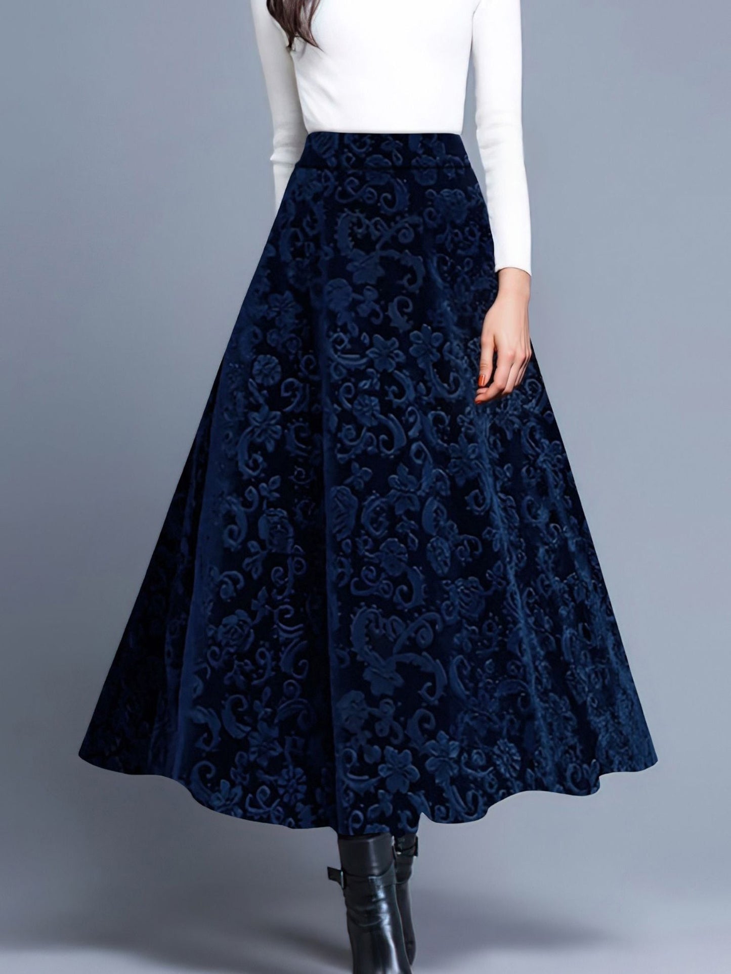 Velvet Textured Maxi A-Line Elastic Waist Skirt