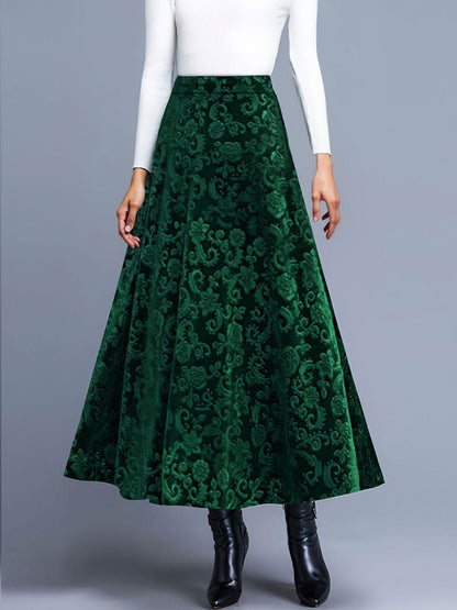 Velvet Textured Maxi A-Line Elastic Waist Skirt