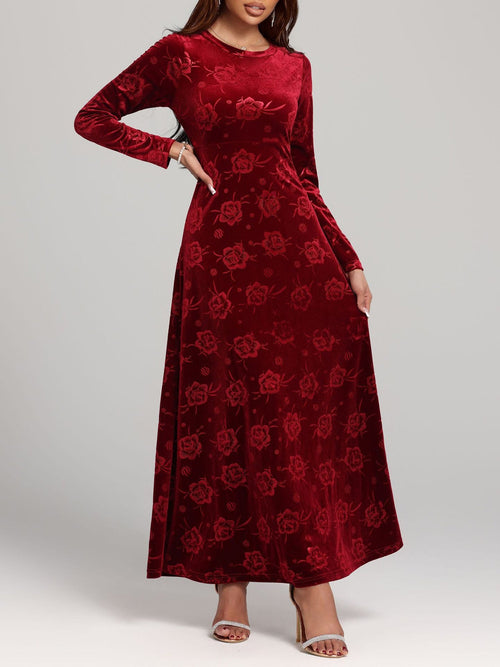 Velvet Floral Textured Round Neck Long Sleeves Maxi Dress